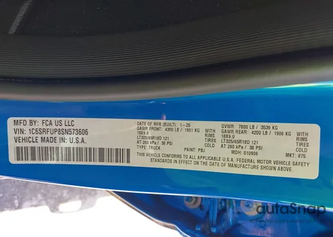 2025 Ram 1500 Rho 4X4 5'7 Box z USA, uszkodzony, nr VIN 1C6SRFUP8SN573606